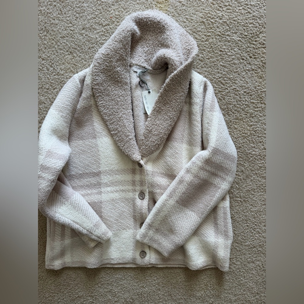 NWT barefoot dreams shawl cardigan plaid 1x so cozy tan and white